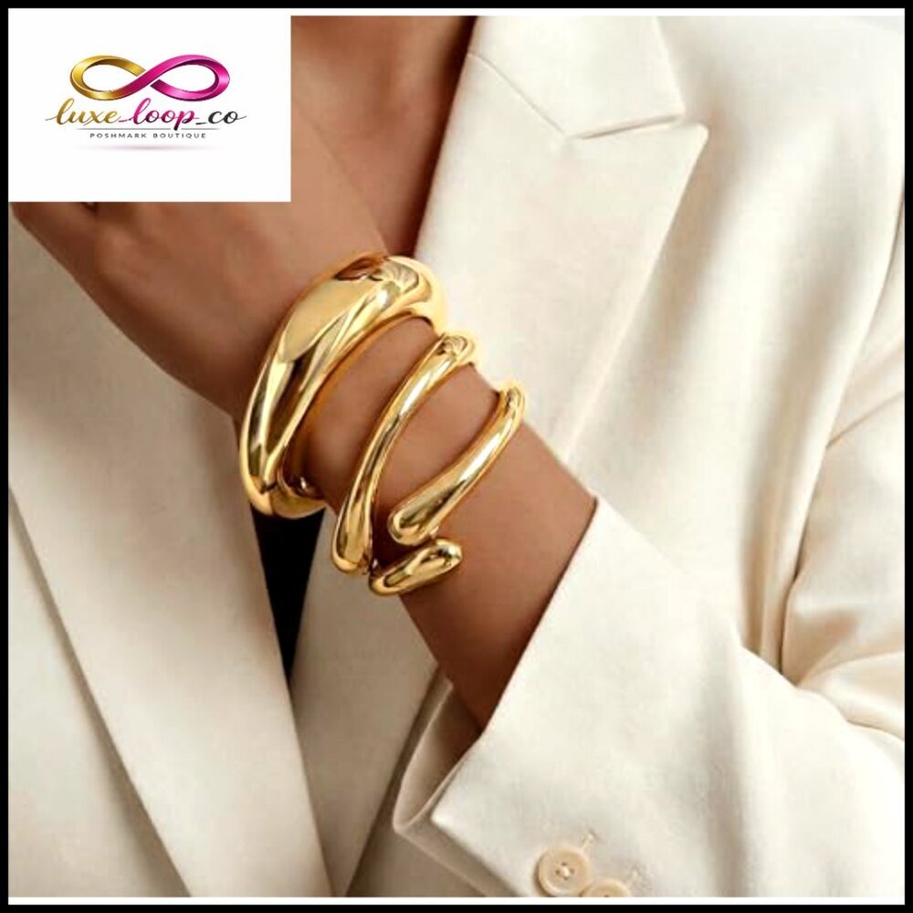 Chunky Statement Bangle Bracelets Stack Gold Plated Sterling Silver Elegant View 3
